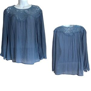 Indigo Rose Blue Boho Blouse Sz Large Gauze Peasant Lace Crochet Flowy Top